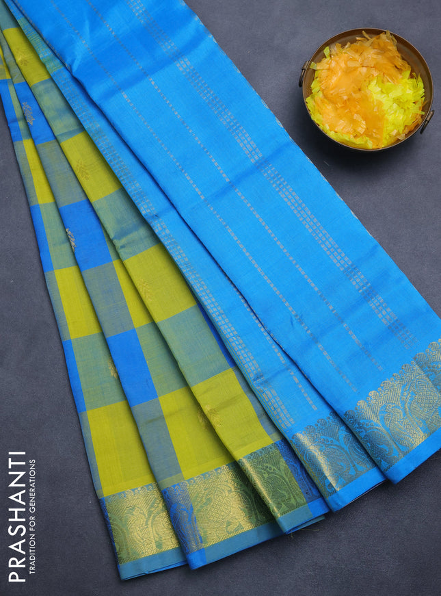 Silk cotton saree lime yellow and cs blue with allover paalum pazham checks & zari buttas and elephant zari woven border