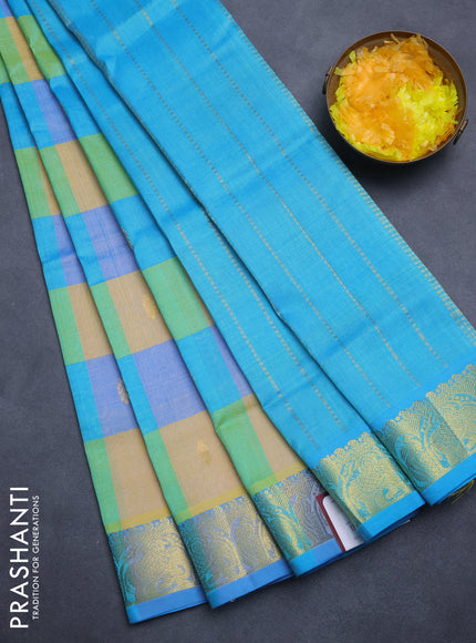 Silk cotton saree multi colour and teal blue with allover paalum pazham checks & zari buttas and zari woven border