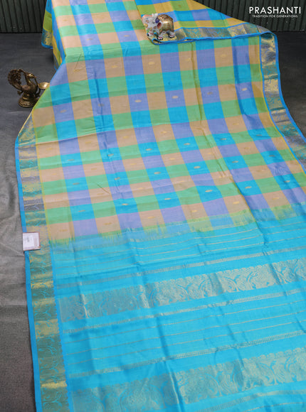 Silk cotton saree multi colour and teal blue with allover paalum pazham checks & zari buttas and zari woven border