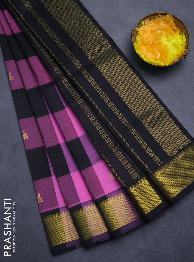Silk cotton saree light pink and black with allover paalum pazham checks & temple zari buttas and zari woven border