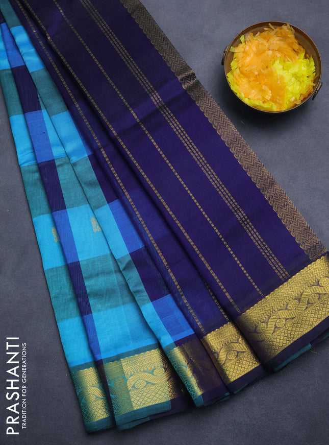 Silk cotton saree multi colour and blue with allover paalum pazham checks & zari buttas and zari woven border