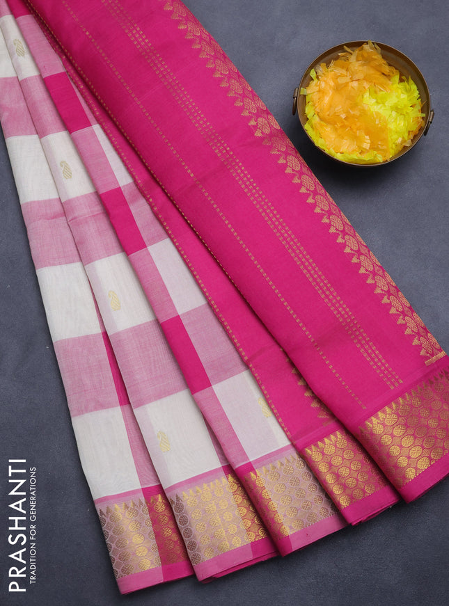 Silk cotton saree cream and pink with allover paalum pazham checks & zari buttas and zari woven border