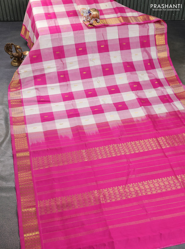 Silk cotton saree cream and pink with allover paalum pazham checks & zari buttas and zari woven border