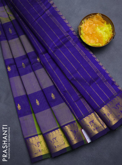 Silk cotton saree light green and blue with allover paalum pazham checks & zari buttas and zari woven border