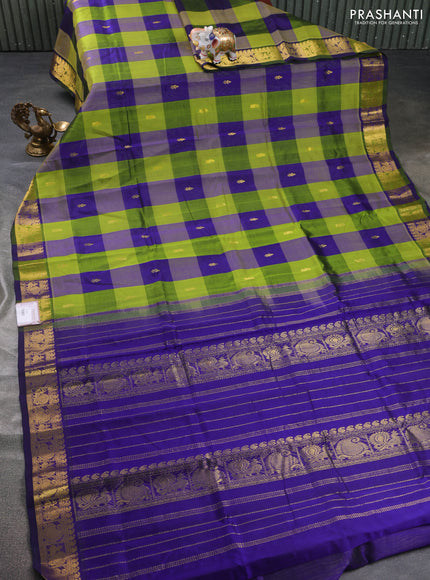 Silk cotton saree light green and blue with allover paalum pazham checks & zari buttas and zari woven border