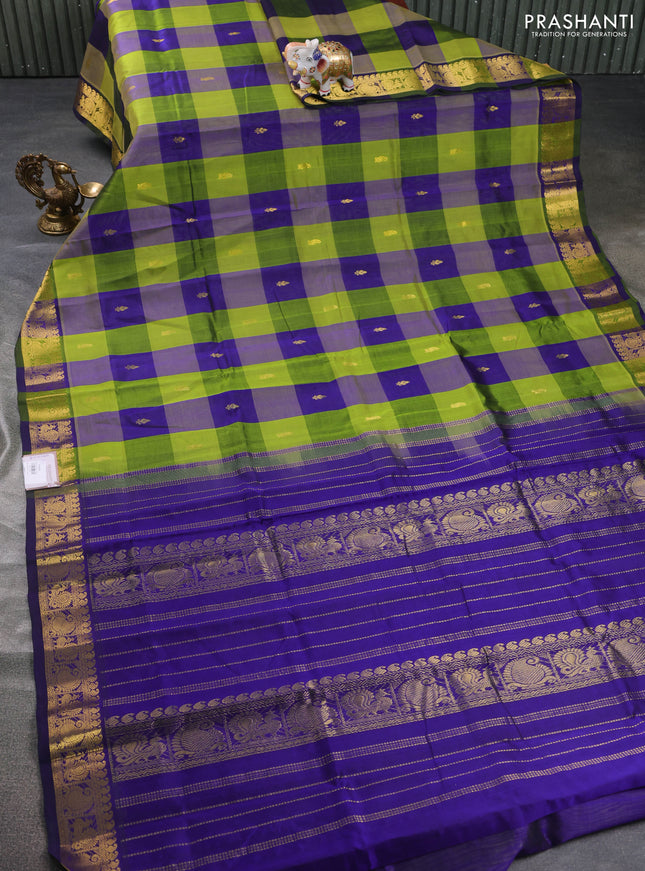 Silk cotton saree light green and blue with allover paalum pazham checks & zari buttas and zari woven border