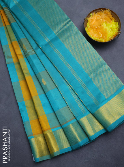Silk cotton saree mango yellow and teal blue with allover paalum pazham checks & zari buttas and zari woven border