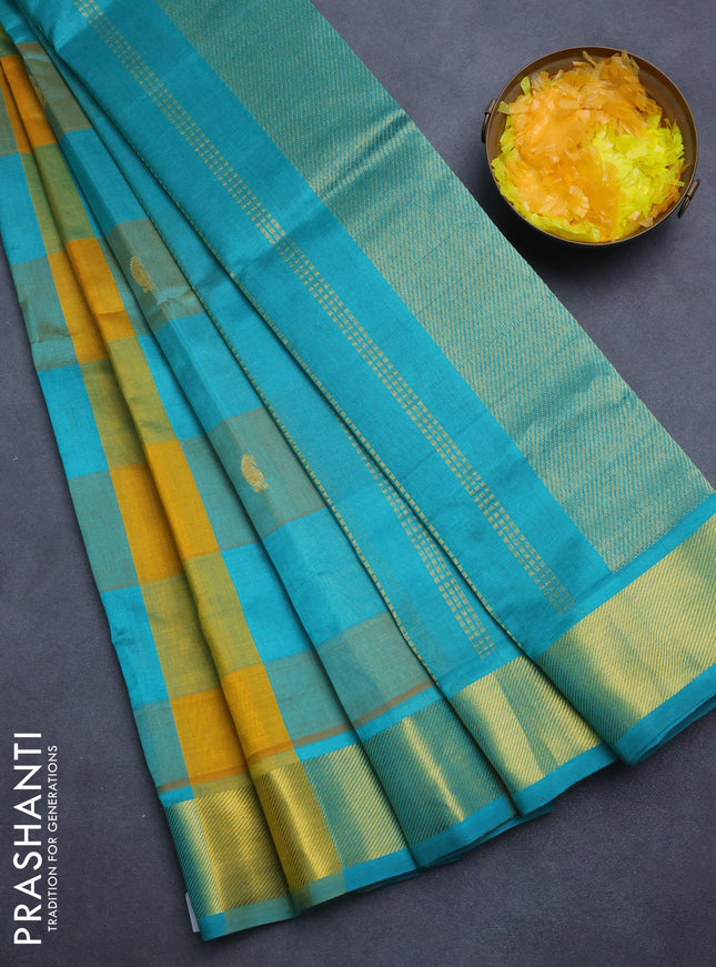 Silk cotton saree mango yellow and teal blue with allover paalum pazham checks & zari buttas and zari woven border
