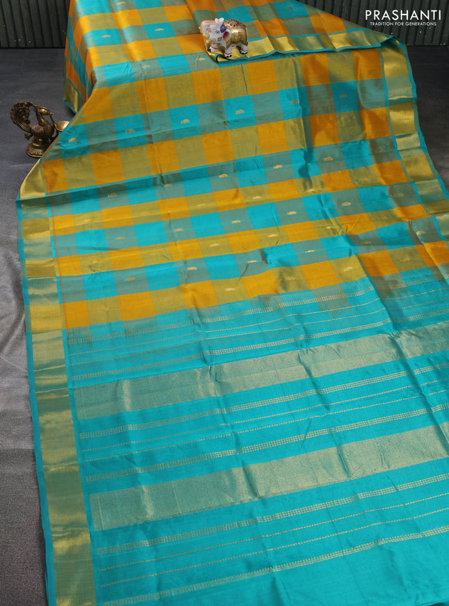 Silk cotton saree mango yellow and teal blue with allover paalum pazham checks & zari buttas and zari woven border