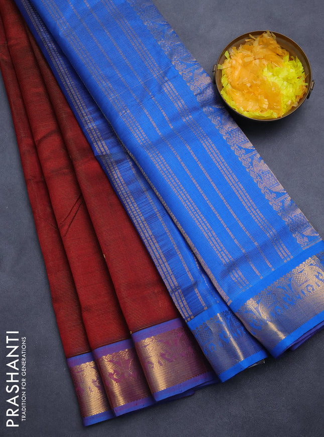 Silk cotton saree maroon and cs blue with allover vairosi pattern & zari buttas and zari woven border