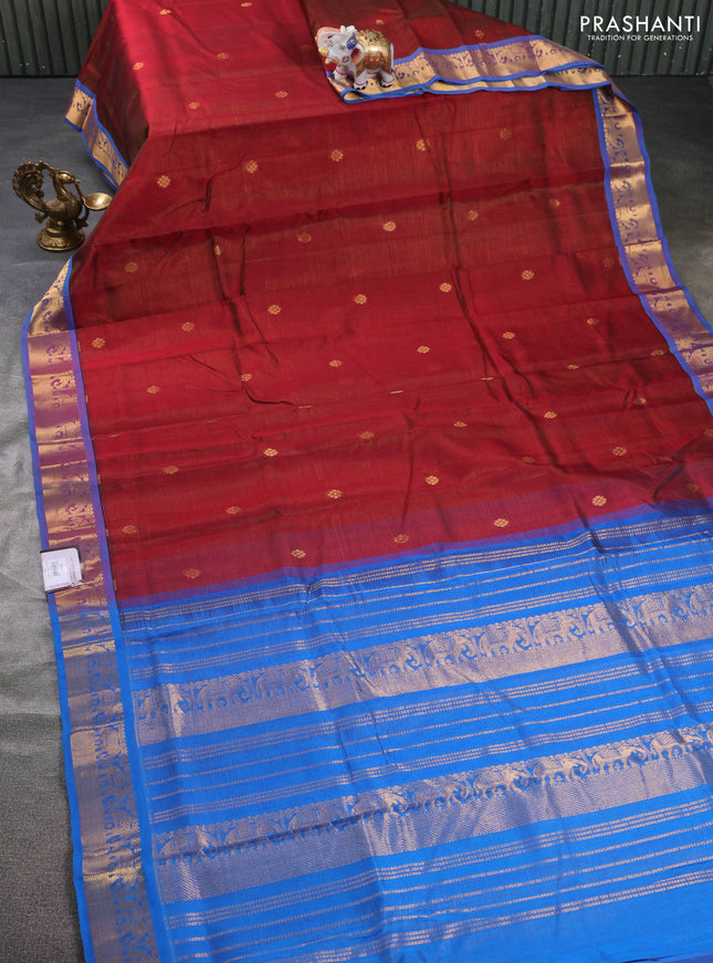 Silk cotton saree maroon and cs blue with allover vairosi pattern & zari buttas and zari woven border