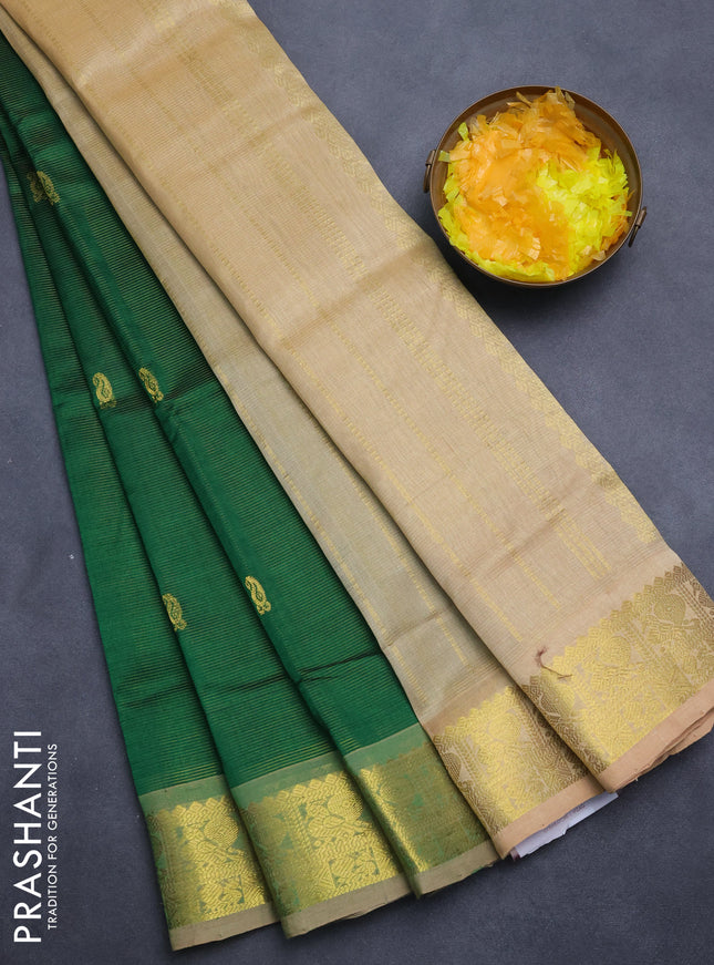 Silk cotton saree green and sandal with allover vairosi pattern & zari buttas and zari woven border