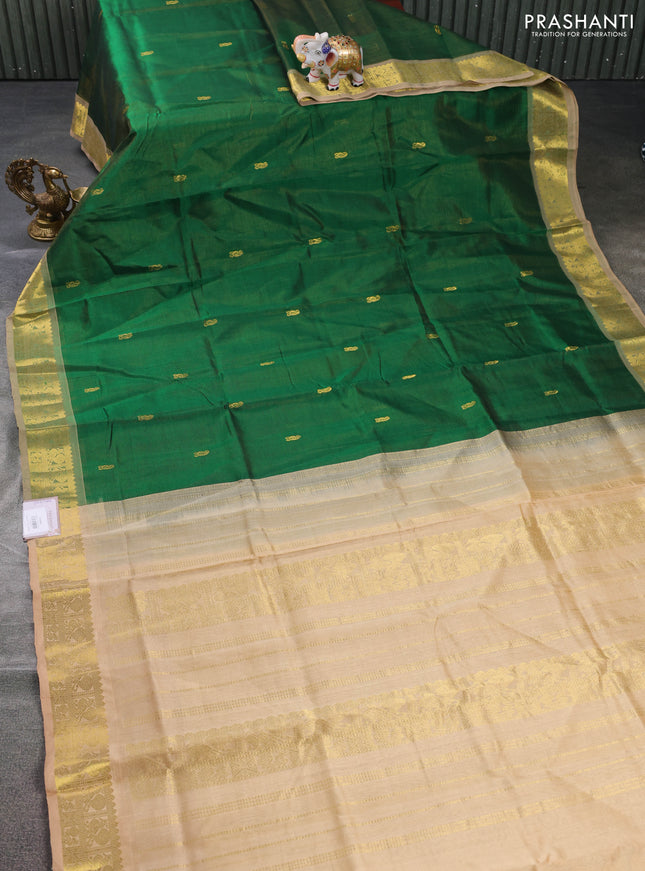 Silk cotton saree green and sandal with allover vairosi pattern & zari buttas and zari woven border