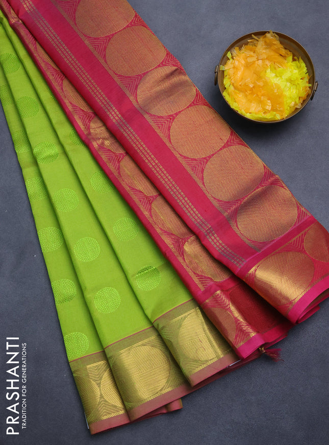 Silk cotton saree light green and pink with allover self emboss jacquard and rudharksha zari woven border