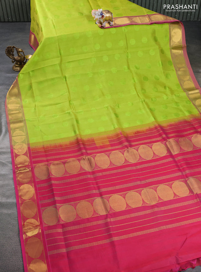 Silk cotton saree light green and pink with allover self emboss jacquard and rudharksha zari woven border
