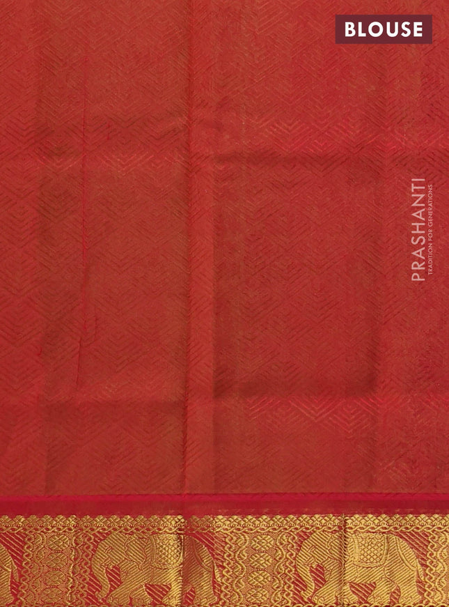 Silk cotton saree light green and red with allover self emboss jacquard and elephant zari woven border