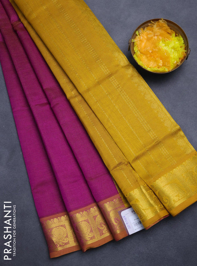 Silk cotton saree purple and dark mustard with allover vairosi pattern and ich zari woven border