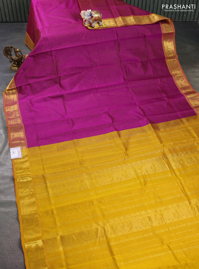 Silk cotton saree purple and dark mustard with allover vairosi pattern and ich zari woven border