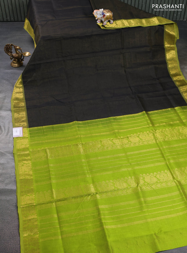 Silk cotton saree black and light green with allover vairosi pattern and zari woven border
