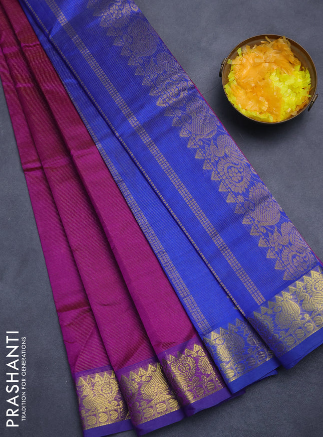 Silk cotton saree purple and blue with allover vairosi pattern and zari woven border