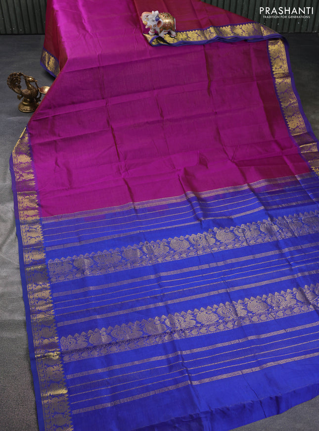 Silk cotton saree purple and blue with allover vairosi pattern and zari woven border