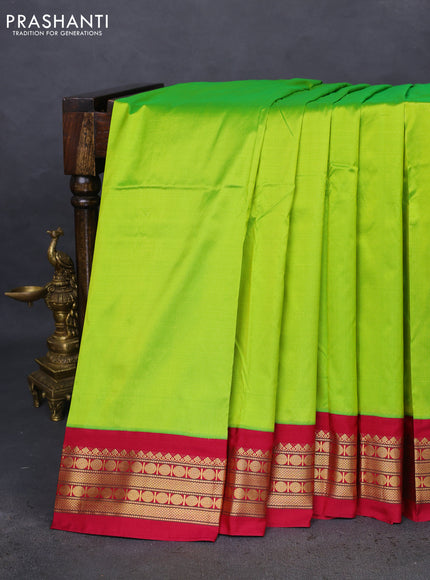 10 Yards silk saree fluorescent green and dark magenta pink with plain body and zari woven border