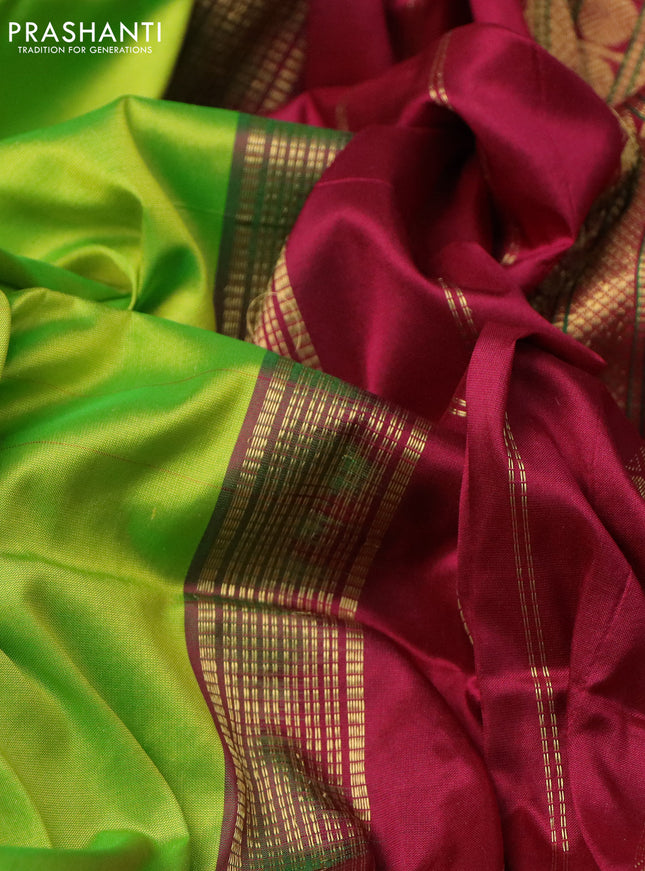 10 Yards silk saree fluorescent green and dark magenta pink with plain body and zari woven border