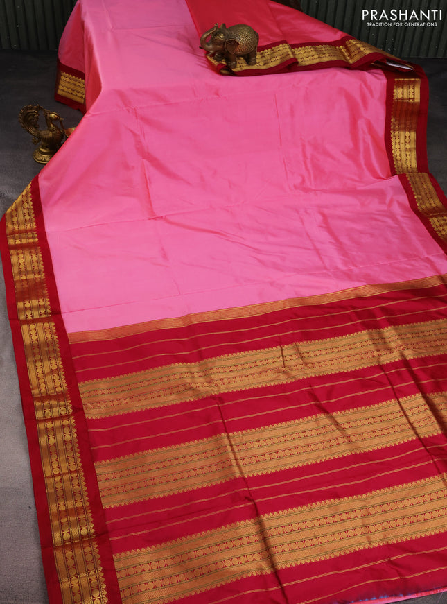 10 Yards silk saree candy pink and maroon with plain body and zari woven border