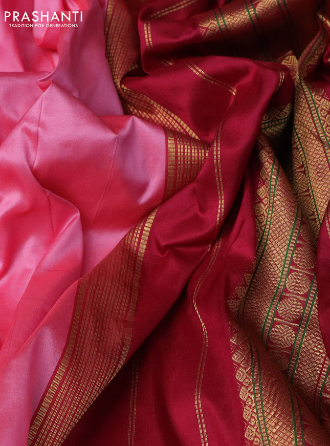 10 Yards silk saree candy pink and maroon with plain body and zari woven border