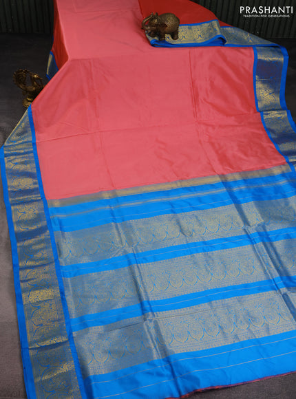 10 Yards silk saree peach pink and cs blue with plain body and zari woven border