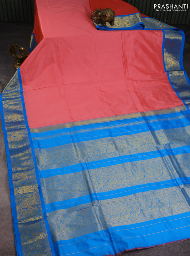 10 Yards silk saree peach pink and cs blue with plain body and zari woven border