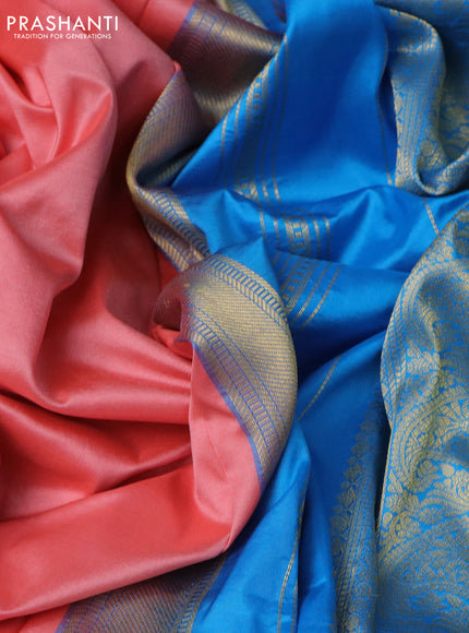 10 Yards silk saree peach pink and cs blue with plain body and zari woven border
