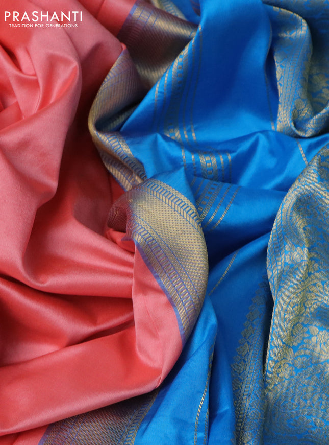 10 Yards silk saree peach pink and cs blue with plain body and zari woven border