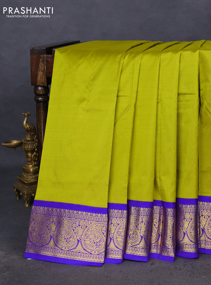 10 Yards silk saree lime green and blue with plain body and zari woven border