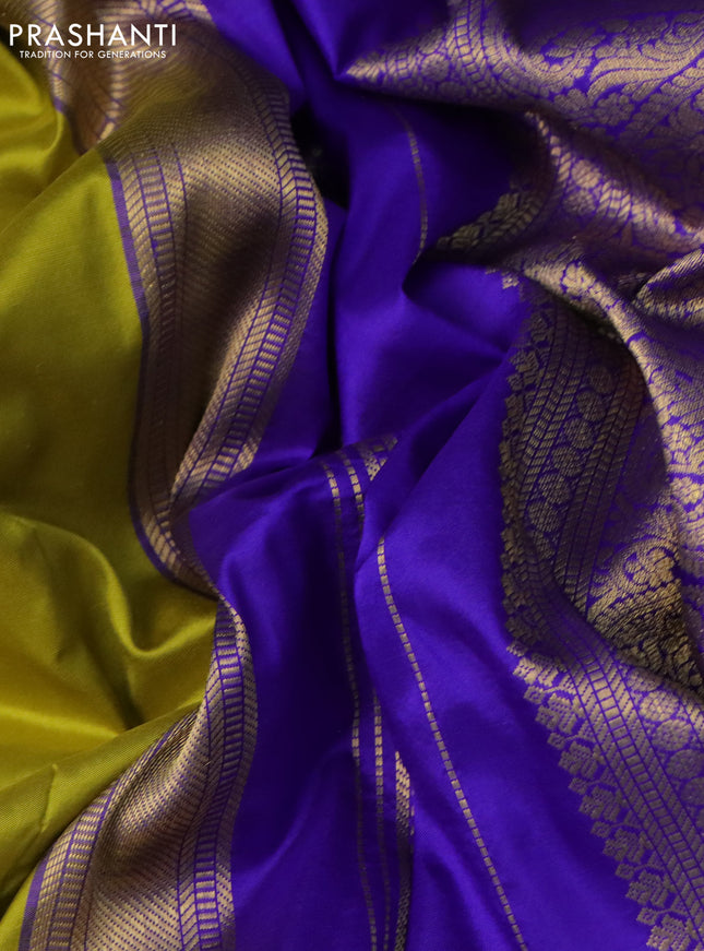 10 Yards silk saree lime green and blue with plain body and zari woven border
