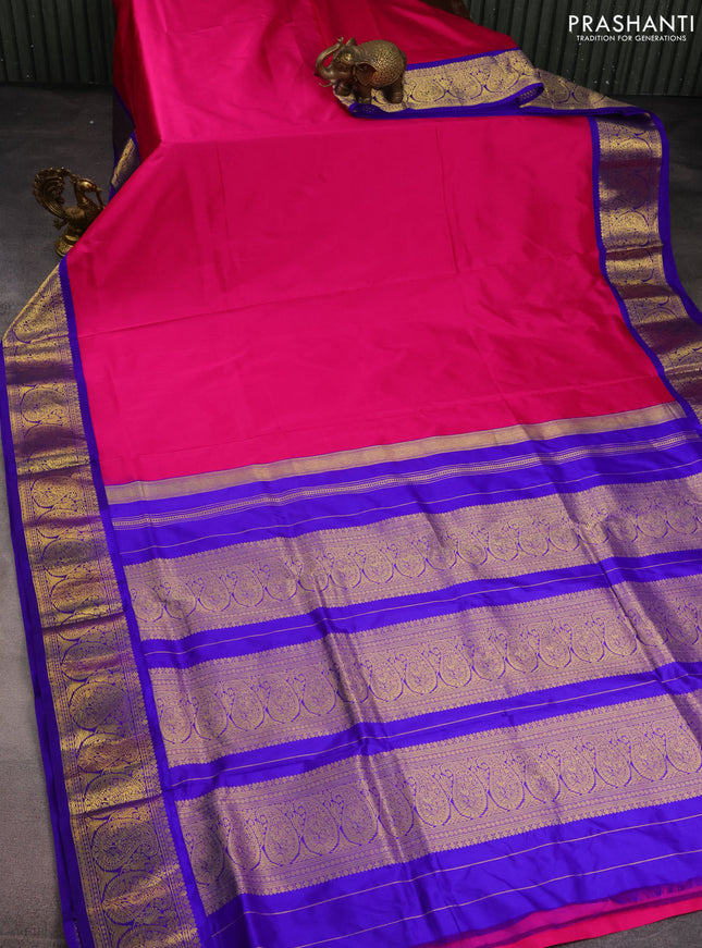 10 Yards silk saree pink and blue with plain body and zari woven border