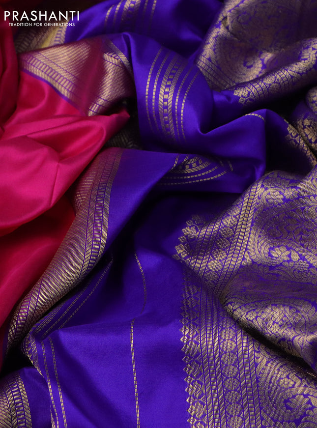 10 Yards silk saree pink and blue with plain body and zari woven border