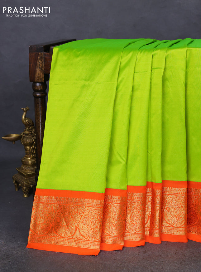 10 Yards silk saree fluorescent green and orange with plain body and zari woven border