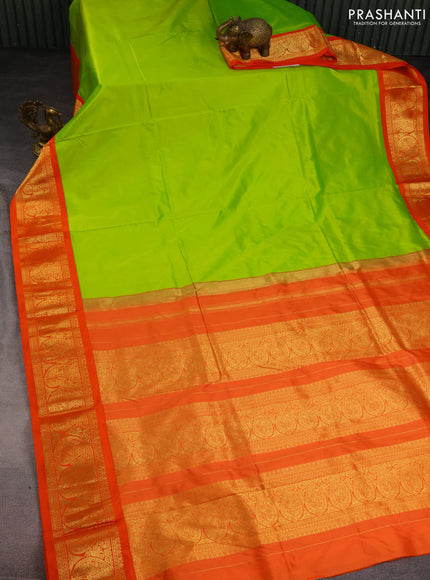 10 Yards silk saree fluorescent green and orange with plain body and zari woven border