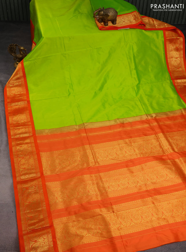 10 Yards silk saree fluorescent green and orange with plain body and zari woven border