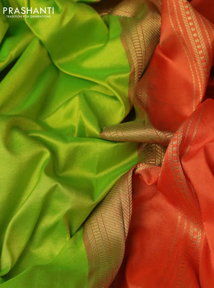 10 Yards silk saree fluorescent green and orange with plain body and zari woven border