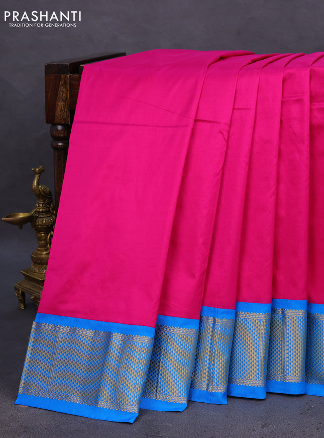 10 Yards silk saree pink and cs blue with plain body and zari woven border