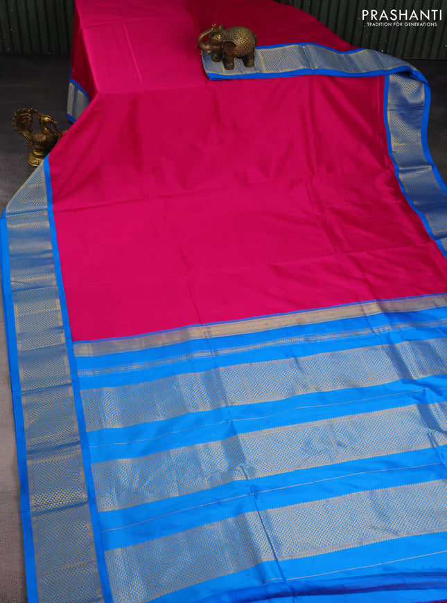 10 Yards silk saree pink and cs blue with plain body and zari woven border