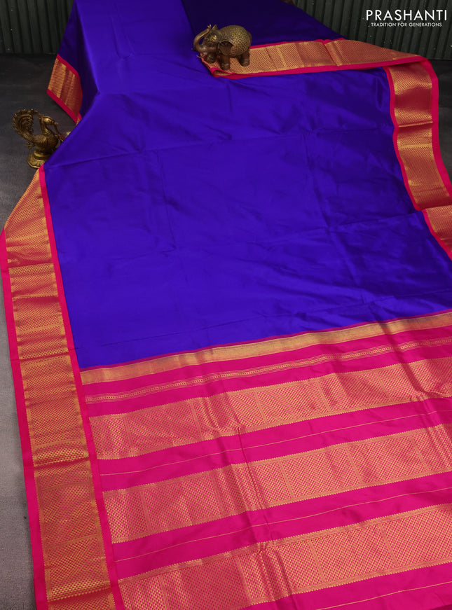 10 Yards silk saree blue and pink with plain body and zari woven border