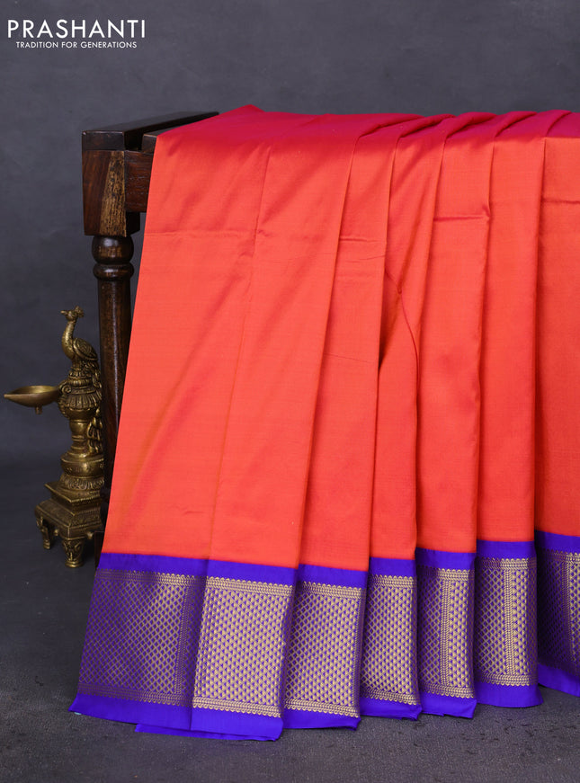 10 Yards silk saree dual shade of pinkish orange and blue with plain body and zari woven border
