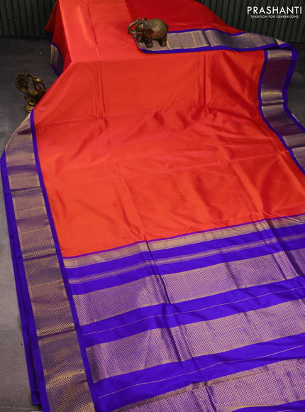 10 Yards silk saree dual shade of pinkish orange and blue with plain body and zari woven border