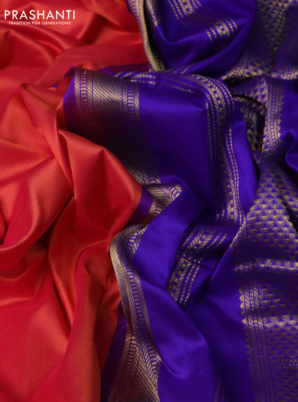 10 Yards silk saree dual shade of pinkish orange and blue with plain body and zari woven border