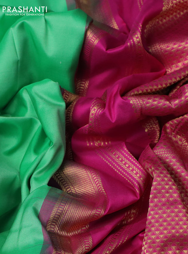 10 Yards silk saree teal green and pink with plain body and zari woven border