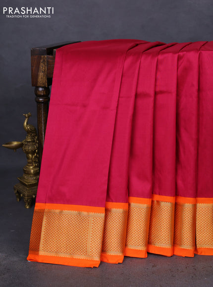 10 Yards silk saree magenta pink and orange with plain body and zari woven border