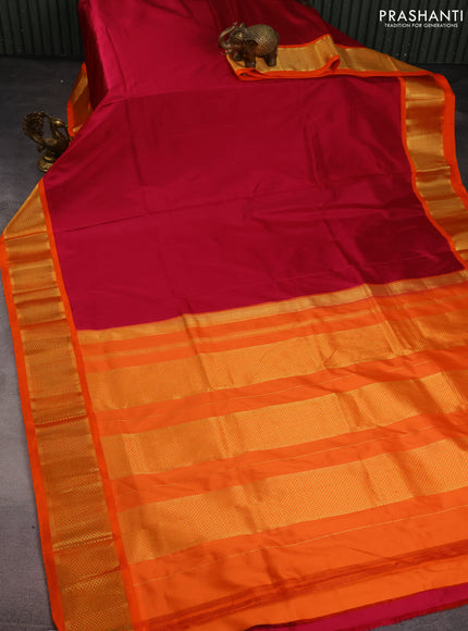 10 Yards silk saree magenta pink and orange with plain body and zari woven border